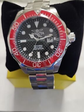 Invicta Stainless Steel Diver Watch with Red Bezel and Black Dial